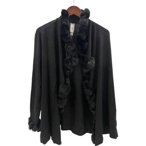WynneCollection Women's Faux Fur Pompom Cardigan Black - Regular